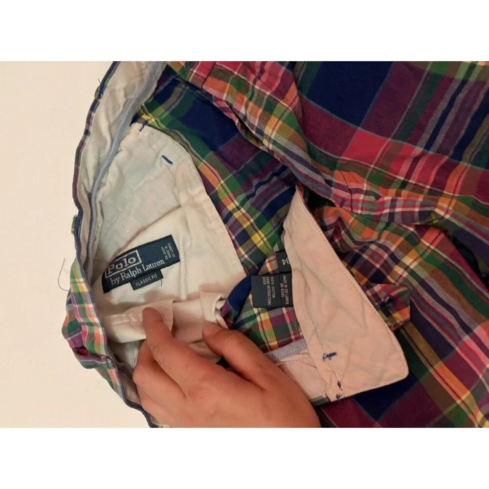 Vintage Mens 34 Polo Ralph Lauren Plaid Shorts Pink Colorful Preppy